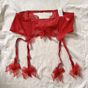 BNWT Victoria's Secret Red Lace Mesh Garter Belt M/L Bows Rhinestones Sexy